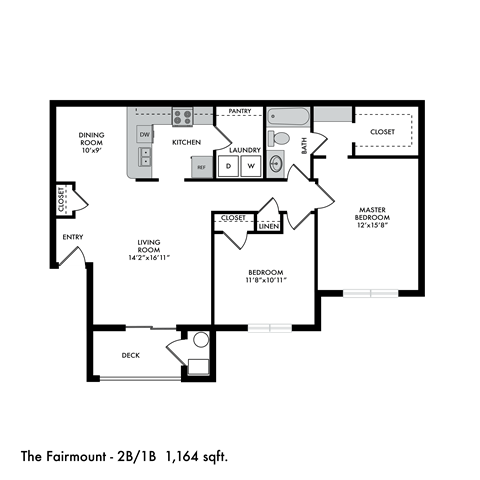 Floor plan for 2 beds, 1 bath, 1164 sqft